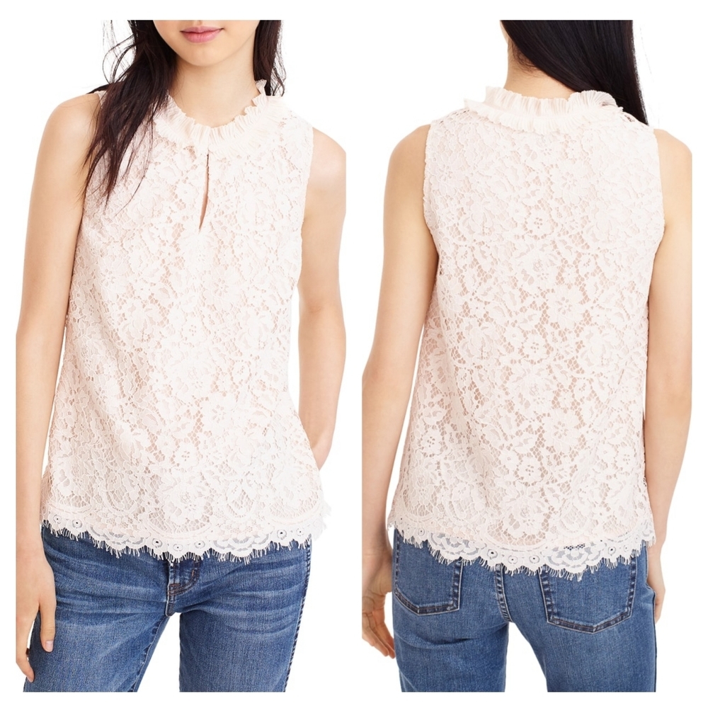 J Crew LACE RUFFLE NECK TOP IN DUNE